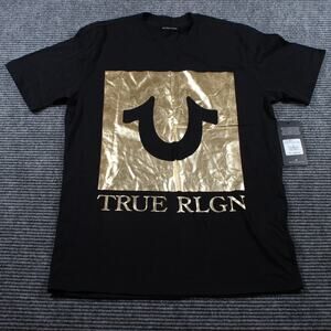 True Religion Metallic Gold Logo Tee Women's Size S NWT $59 Retail